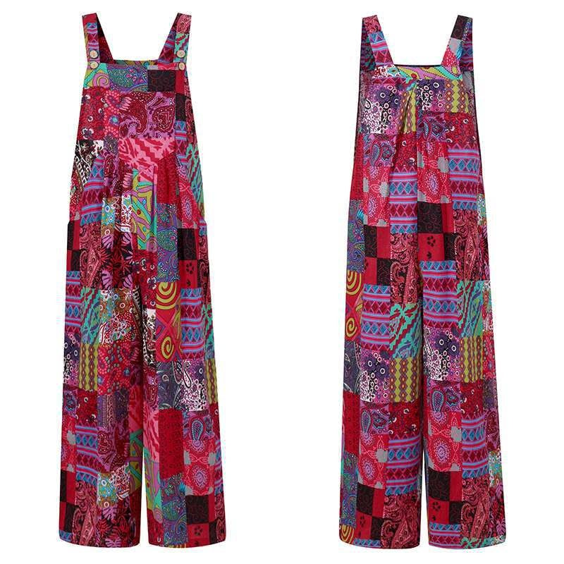 Women's Ethnic Print Jumpsuit Suspender Sleeveless Button Front