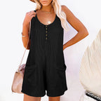 Women's Button Front Sleeveless Romper with Pockets