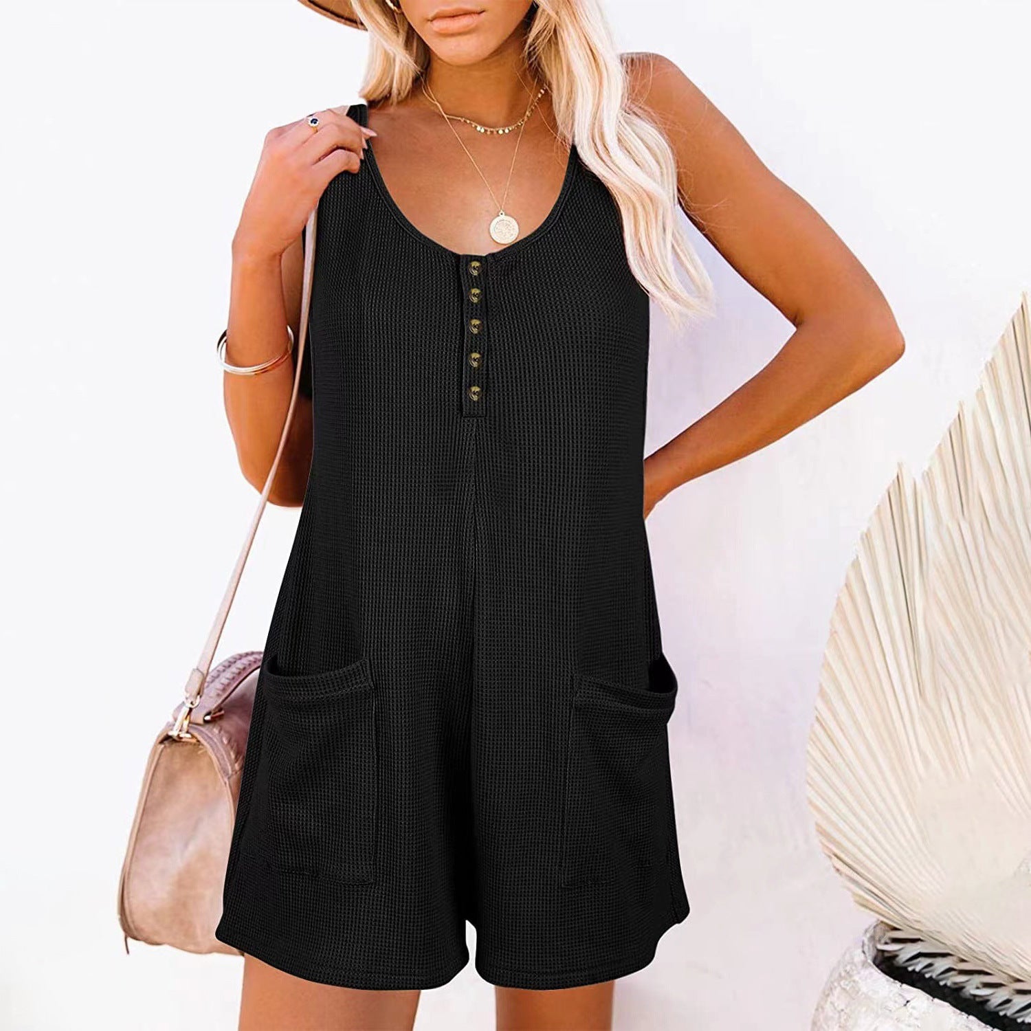 Women's Button Front Sleeveless Romper with Pockets