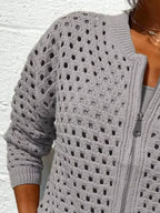 Sarah Express Women's Full Size Zip Up Long Sleeve Cardigan with Eyelet Detail Plus Size