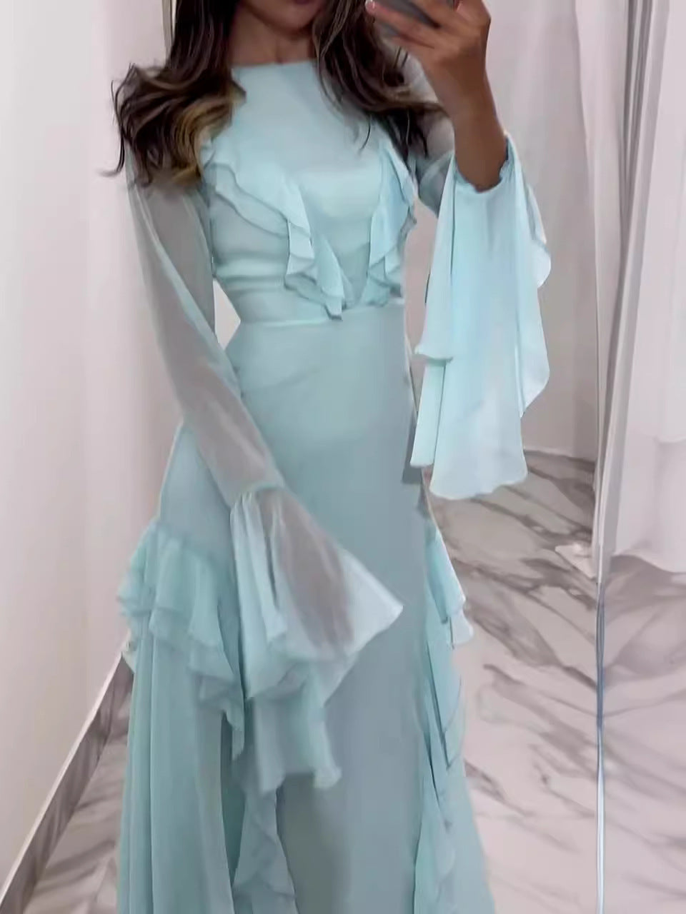 Women's Ruffled Maxi Dress Round Neck Long Sleeve Wedding Party