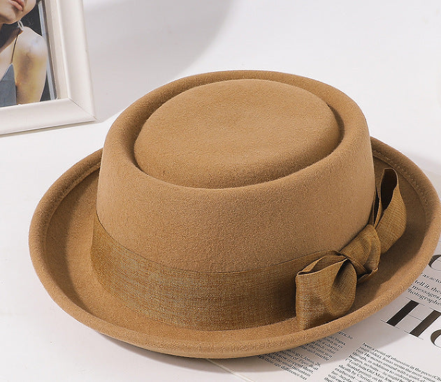 Vintage Flat Top Hat with Bow British Retro Style Women's Fall Winter Cap