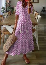 Women's Floral Print V-Neck Maxi Dress Short Sleeve A-Line Pullover