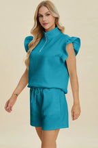 Sarah Express Women’s Plus Size Textured Flounce Sleeve Top and Shorts Set