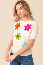Sarah Express Women’s Short Sleeve Sweater with Crochet Flower Patches
