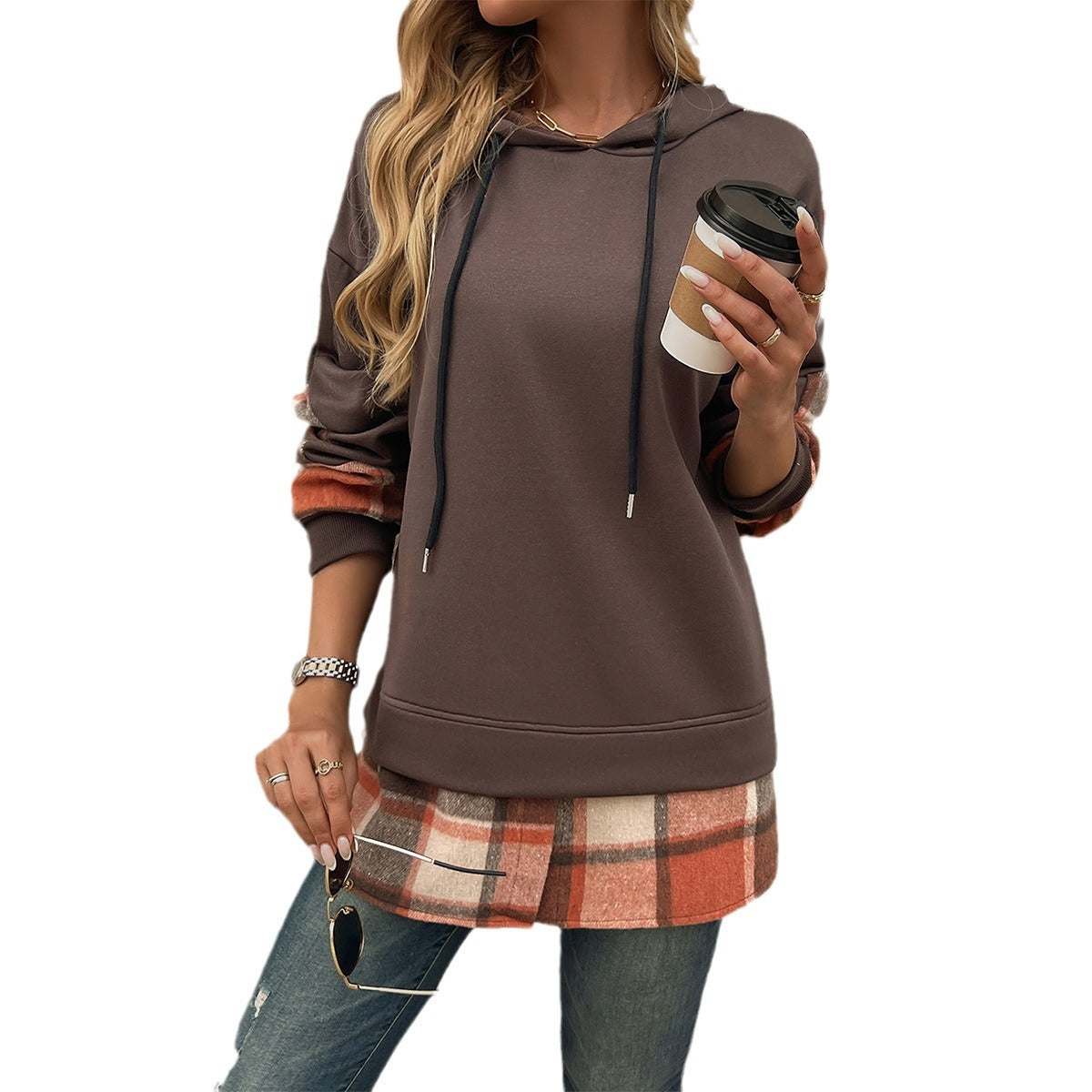 Women's Vintage Oversized Hoodie with Plaid Patchwork - Y2K Streetwear Sweatshirt