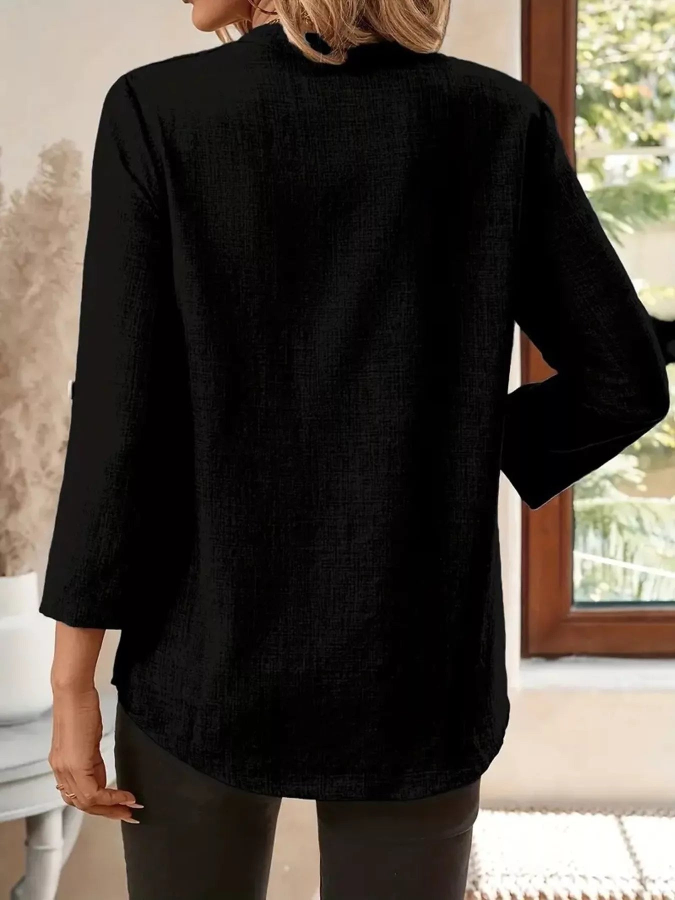 Sarah Express Women's Roll-Up Sleeve Notched Blouse