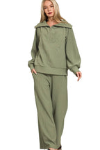Sarah Express Women’s Ribbed High Neck Half Zip Lounge Set with Palazzo Pants