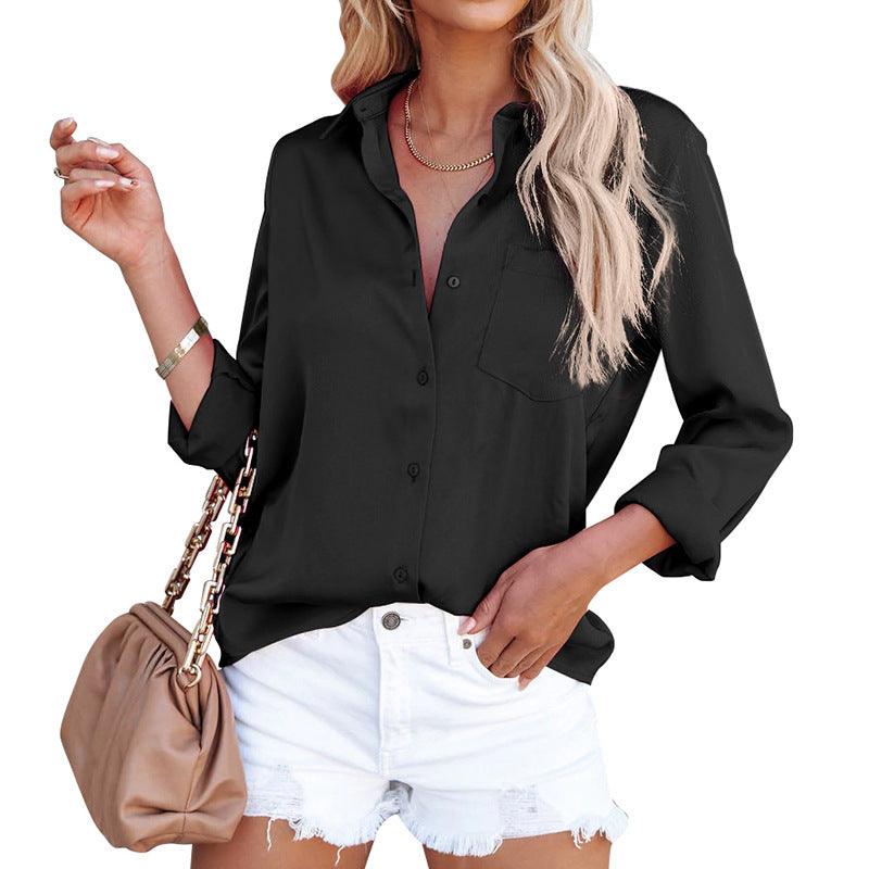 Women's Satin V-Neck Button Blouse Long Sleeve - Office Work Professional Business Classic Shirt