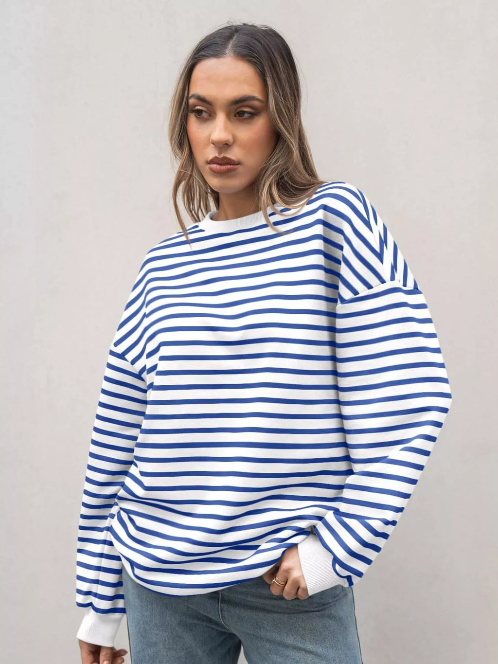 Sarah Express Women's Striped Round Neck Oversized Casual Sweatshirt