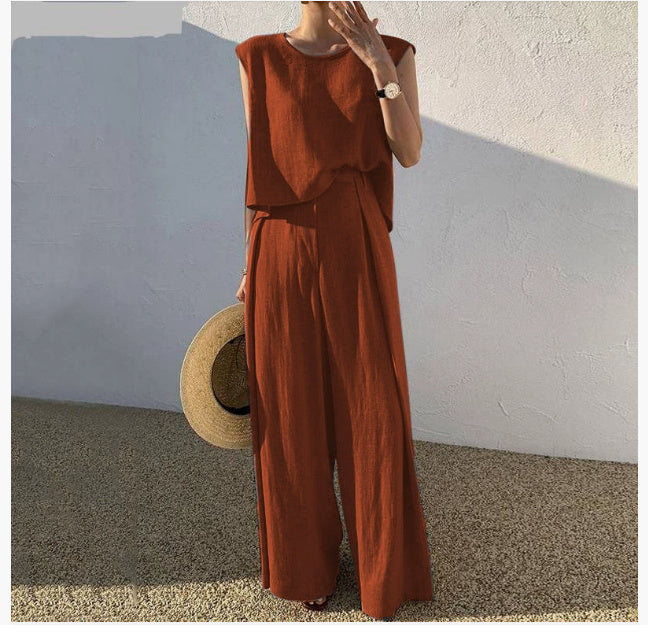 Women's Cotton Linen Two-Piece Set Sleeveless Top Wide Leg Pants Casual