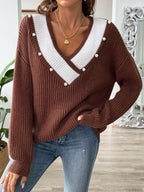 Sarah Express Women's V-Neck Button-Decorated Sweater Brown
