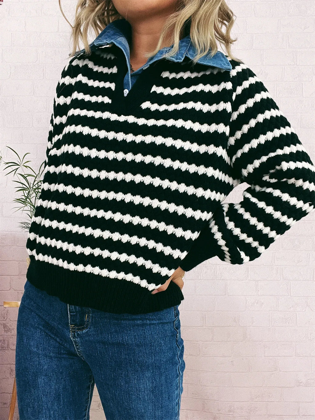 Sarah Express Women's Contrast Striped Sweater with Denim Collar - Openwork Knit Pullover