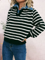 Sarah Express Women's Contrast Striped Sweater with Denim Collar - Openwork Knit Pullover