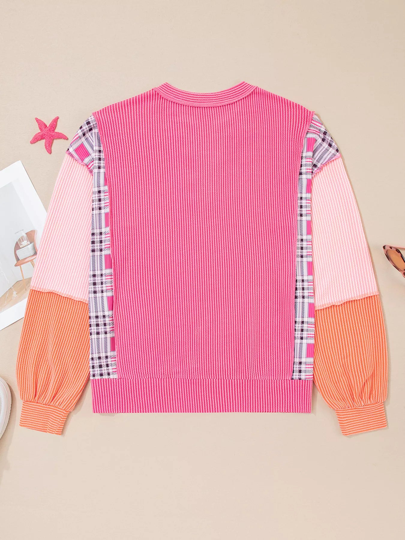 Sarah Express Women's Corded Texture Plaid Color Block Patchwork Split Neck Long Sleeve Top