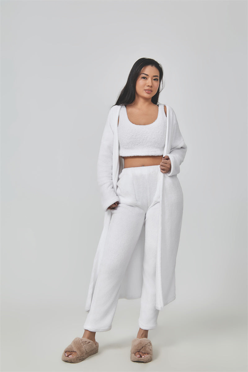 Women's Soft Knit 3 Piece Lounge Set Crop Top Wide Leg Pants Cardigan