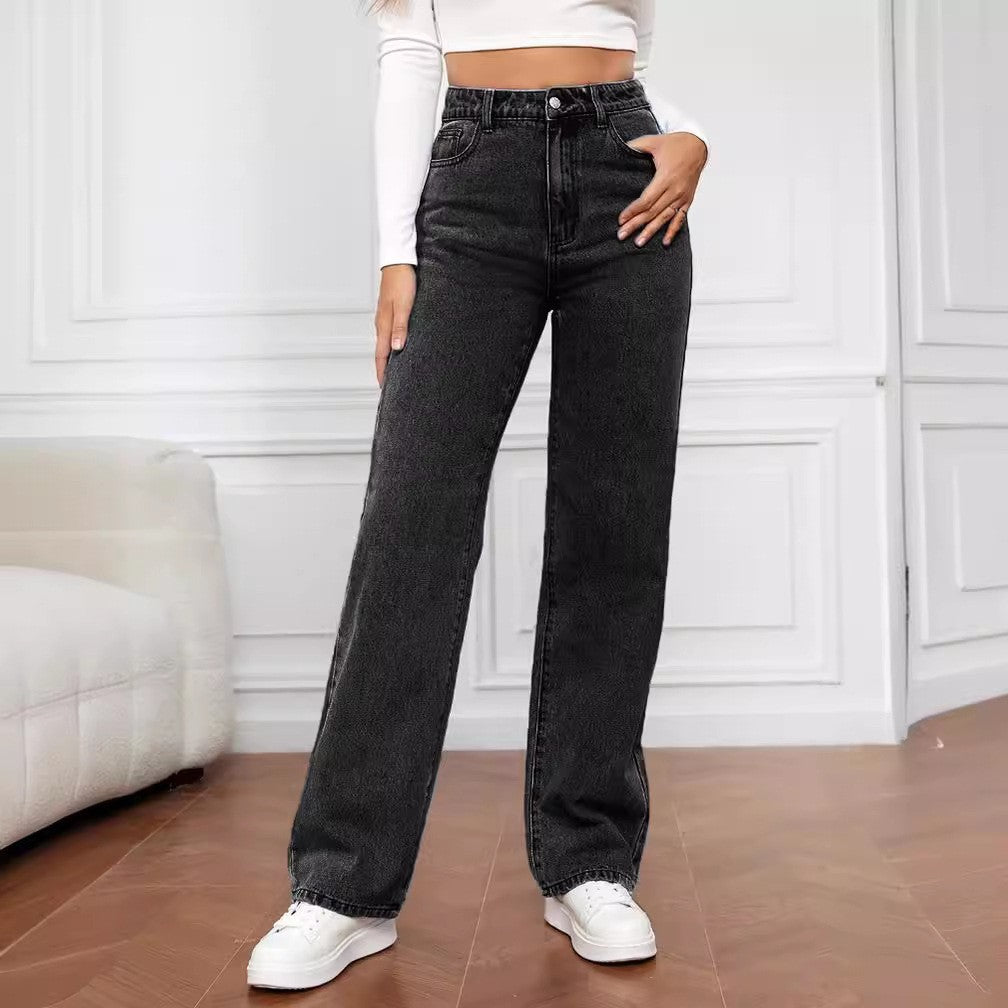 Women's Mid-Waist Straight Leg Jeans - Washed Cotton Denim S-5XL Available in 9 Colors