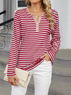 Sarah Express Women's Striped Long Sleeve Henley T-Shirt - Button Front Casual Top