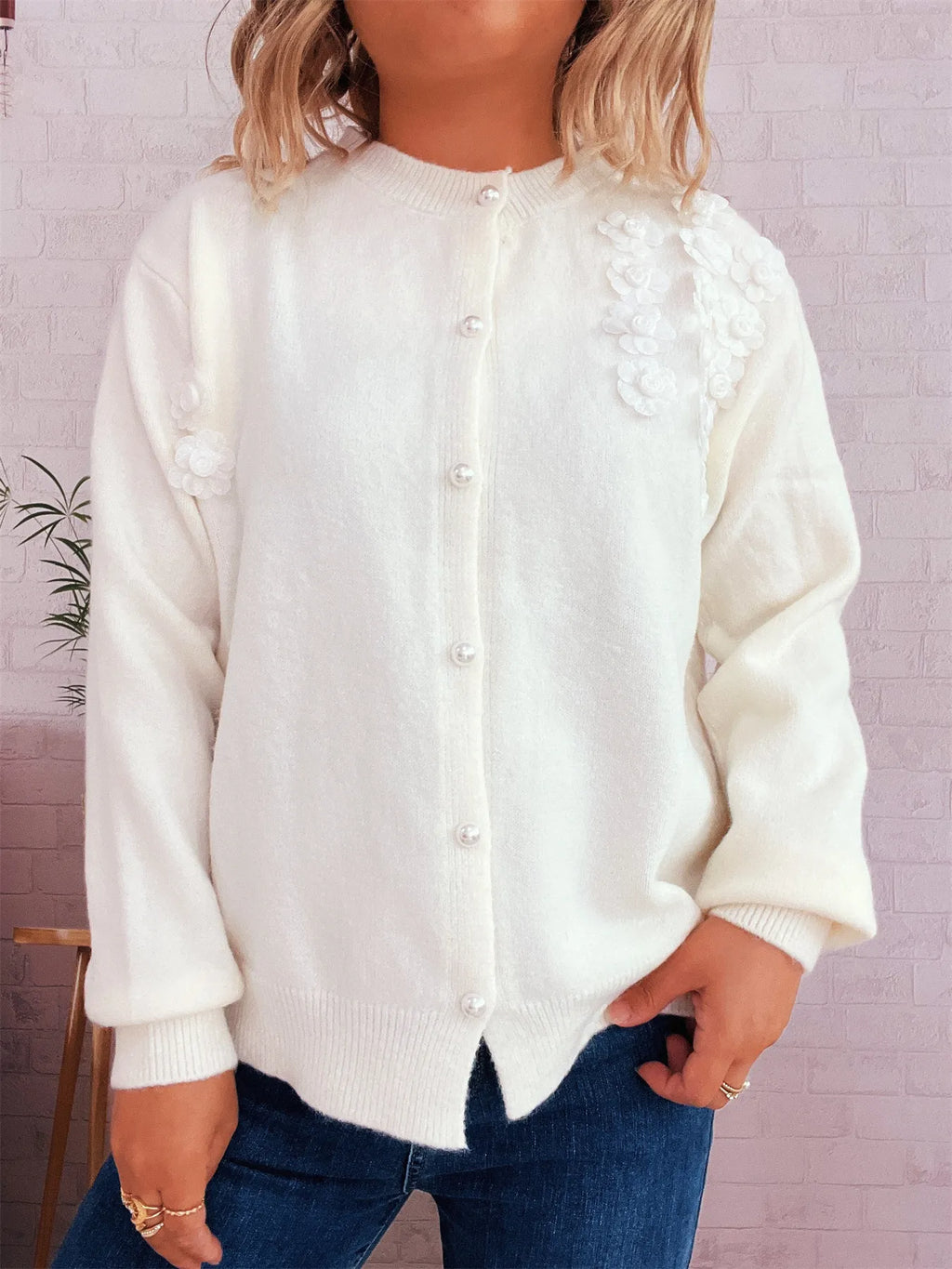 Sarah Express Women's Flower Button Up Long Sleeve Cardigan