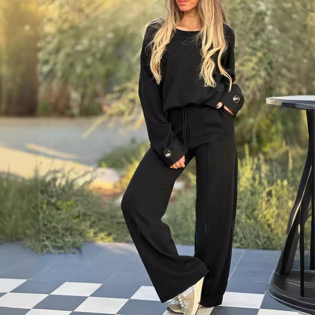 Women's Two-Piece Matching Set Long Sleeve Top Wide Leg Pants