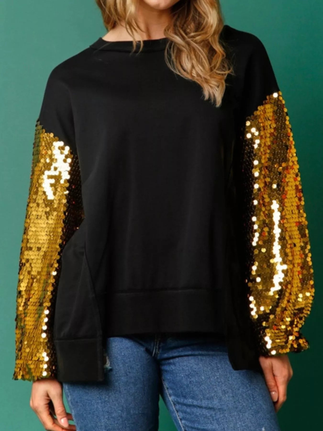 Sarah Express Women's Sequin Long Sleeve Round Neck Sweatshirt - Oversized Sparkle Top Gold