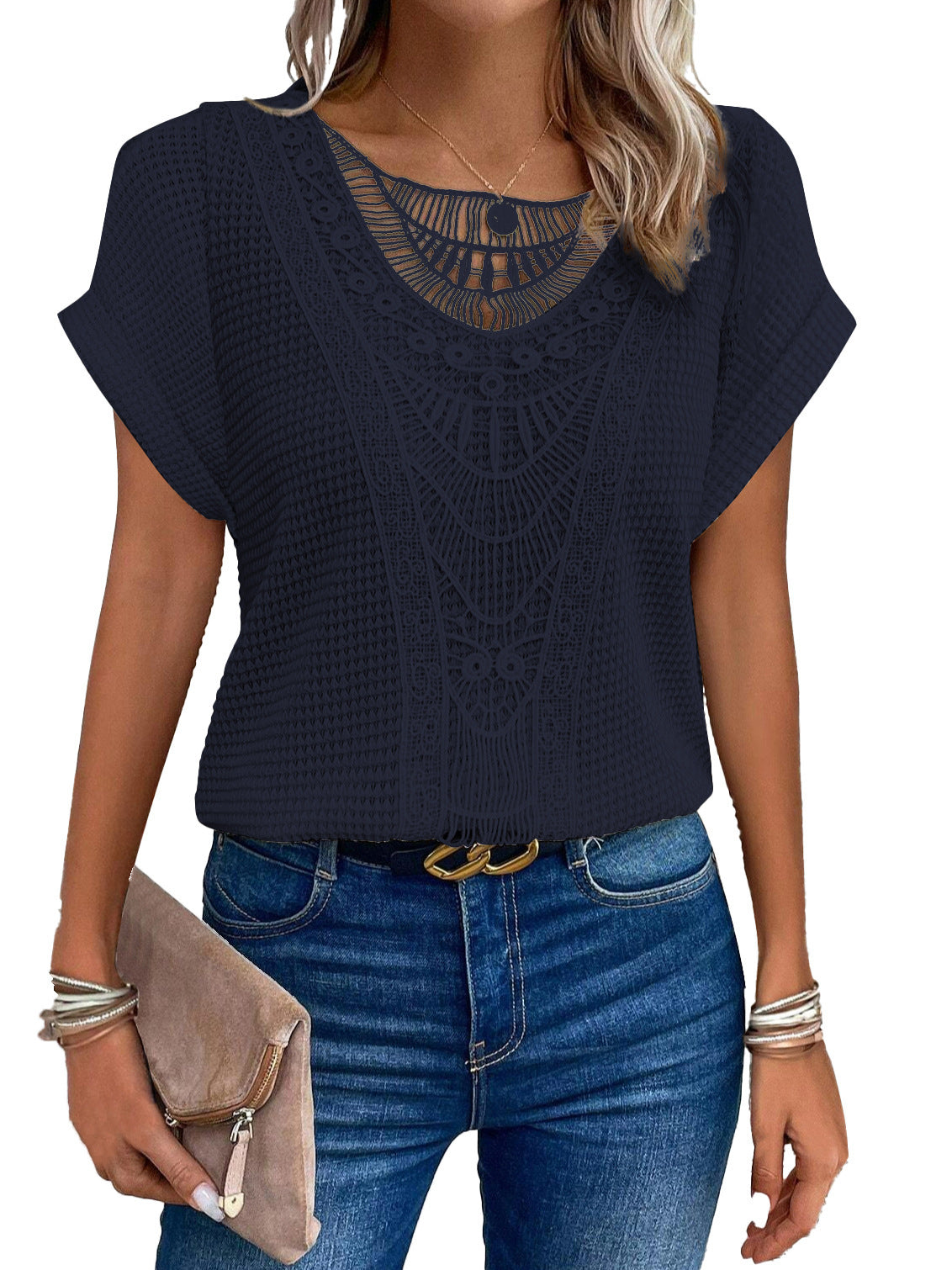 Women's Hollow Out Short Sleeve T-Shirt Ethnic Boho Style