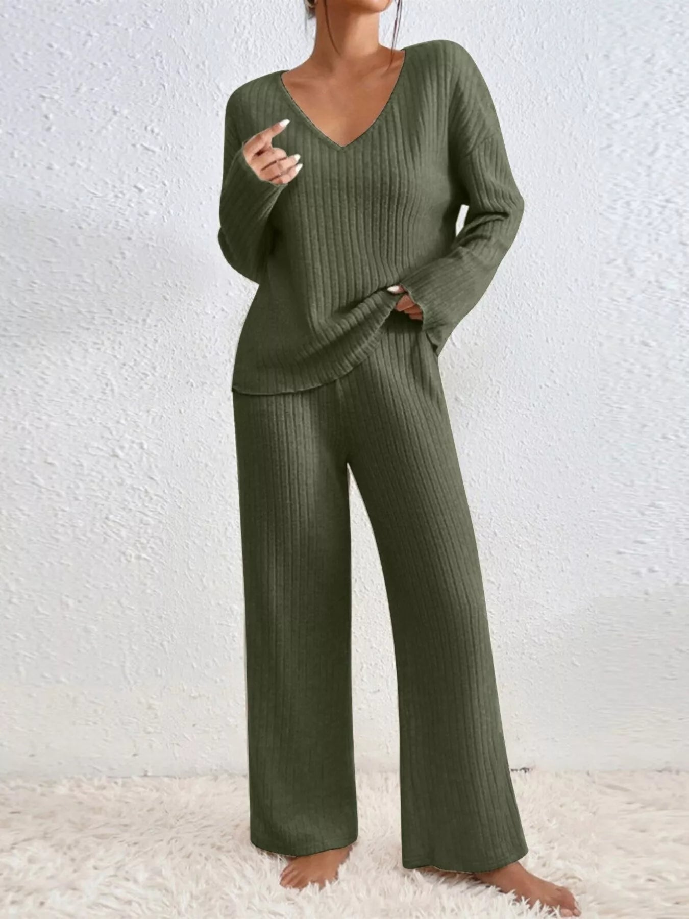 Sarah Express Women's Ribbed V-Neck Top and Pants Lounge Set - Two Piece Outfit