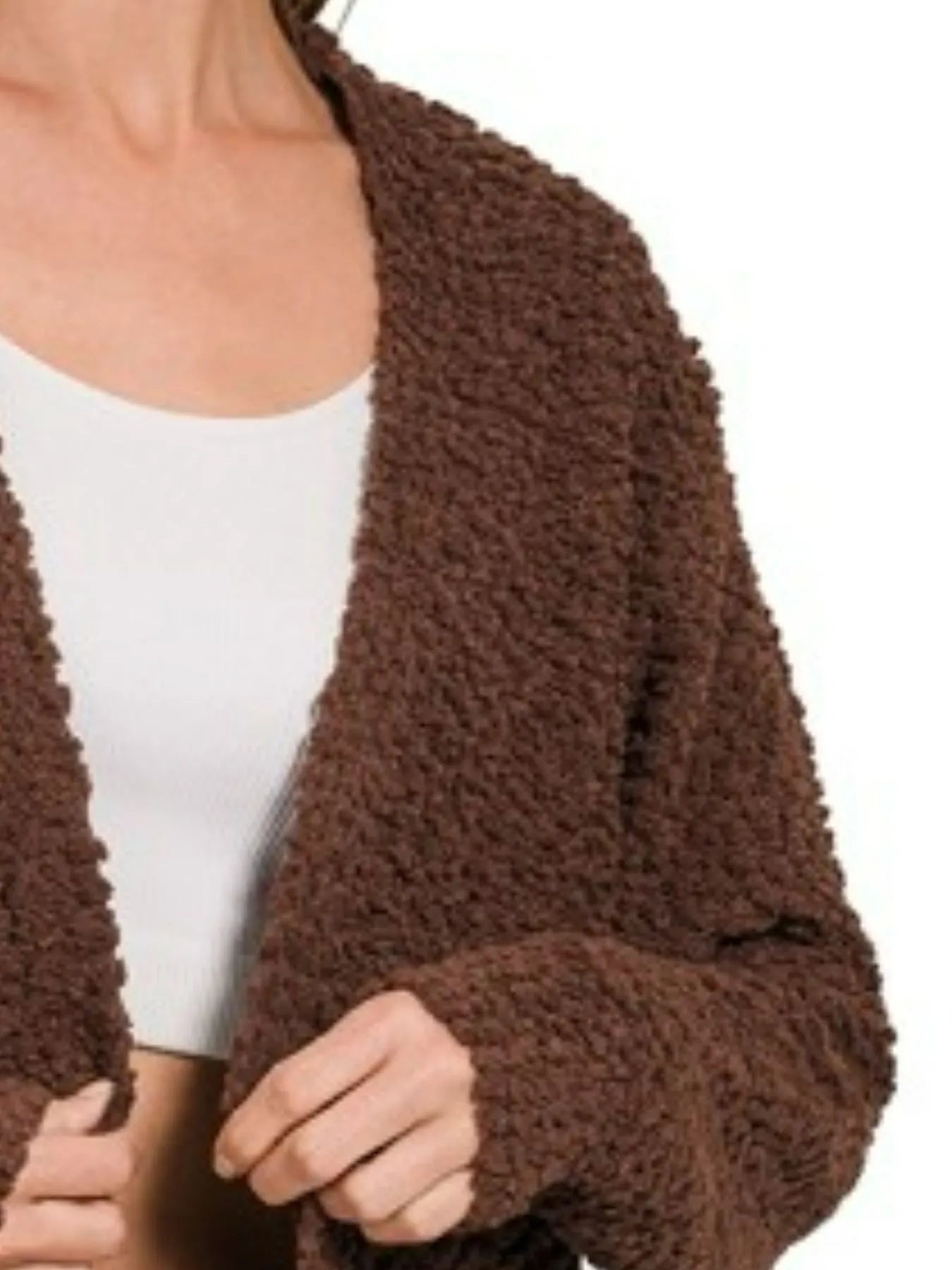 Sarah Express Women’s Brown Boucle Knit Cardigan with Pockets Casual