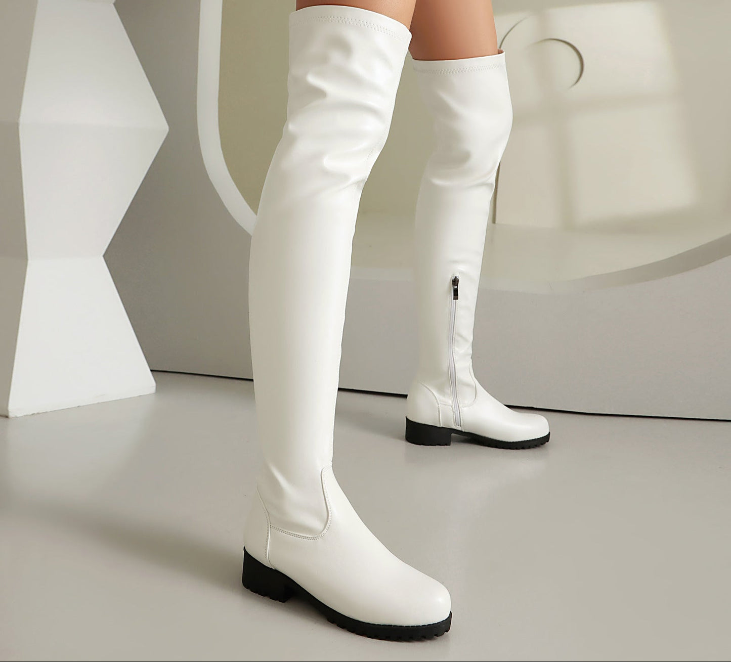 Sarah Express Women's Stretchy Over-the-Knee Boots | Low Heel Side Zipper White