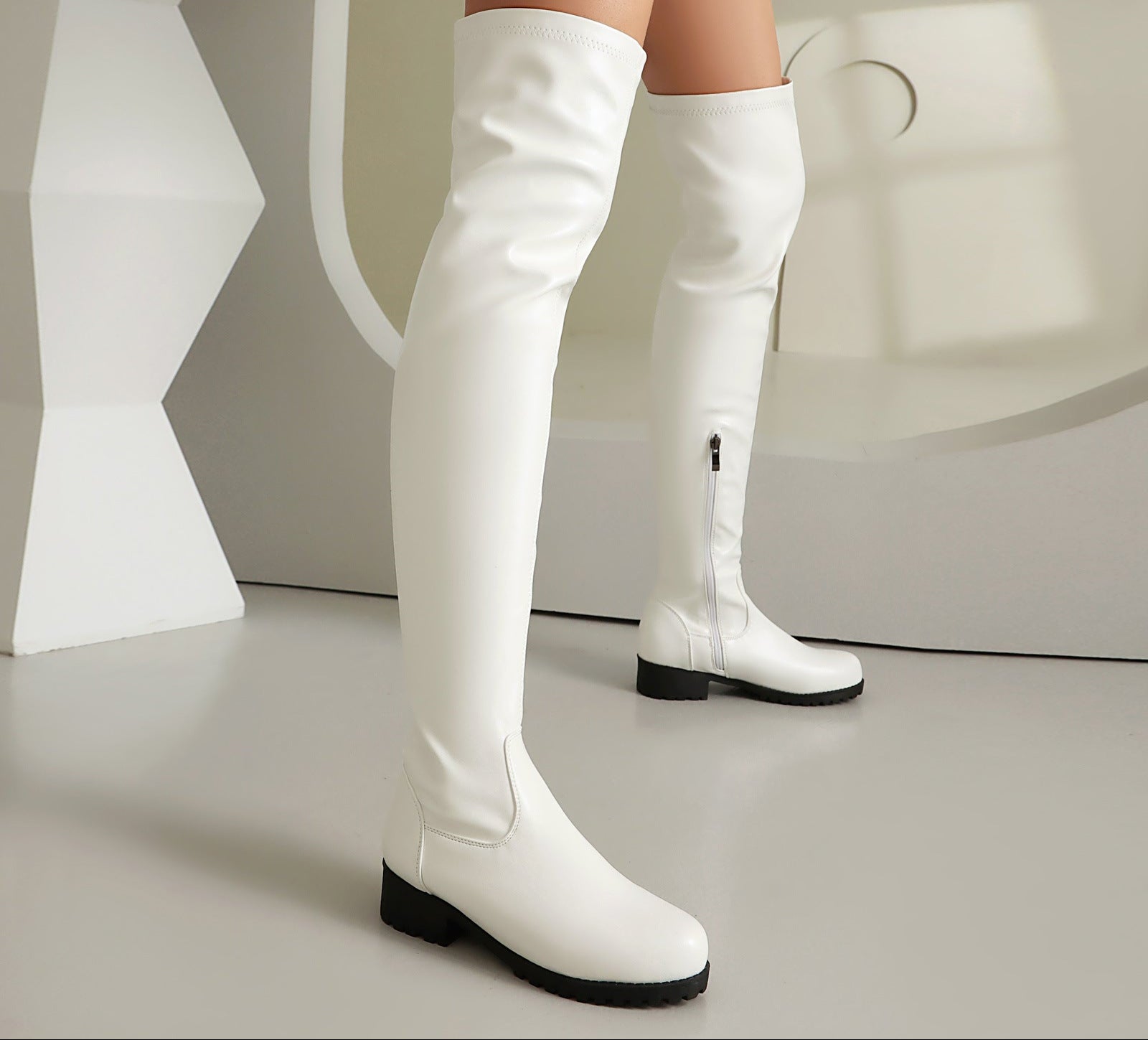 Sarah Express Women's Stretchy Over-the-Knee Boots | Low Heel Side Zipper White