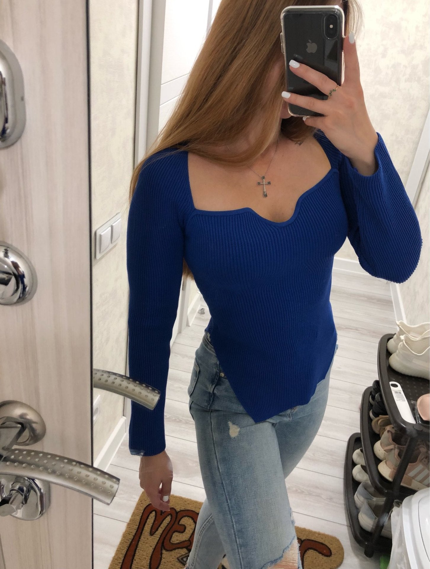 Women's Off-Shoulder Pullover Sweater - Long Sleeve Knit Top