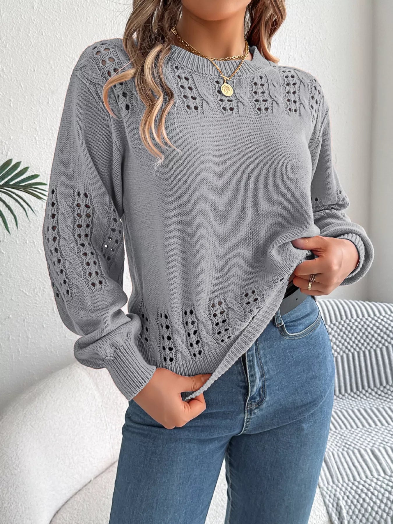 Sarah Express Women's Hollow Out Eyelet Long Sleeve Sweater Gray