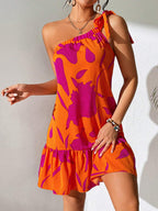 Floral Print One Shoulder Dress Ruffle Hem Sleeveless Midi Length