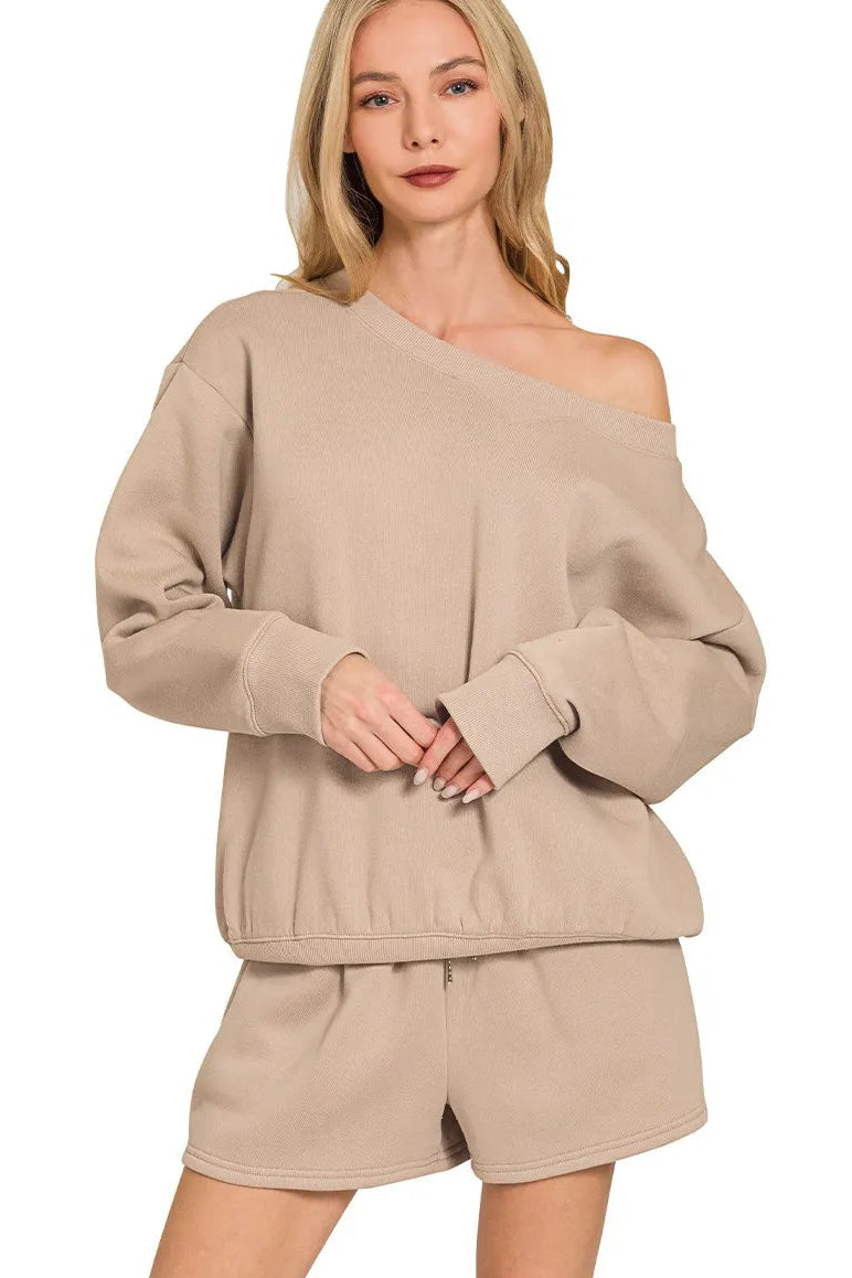 Fleece Boat Neck Sweatshirt and Shorts Set