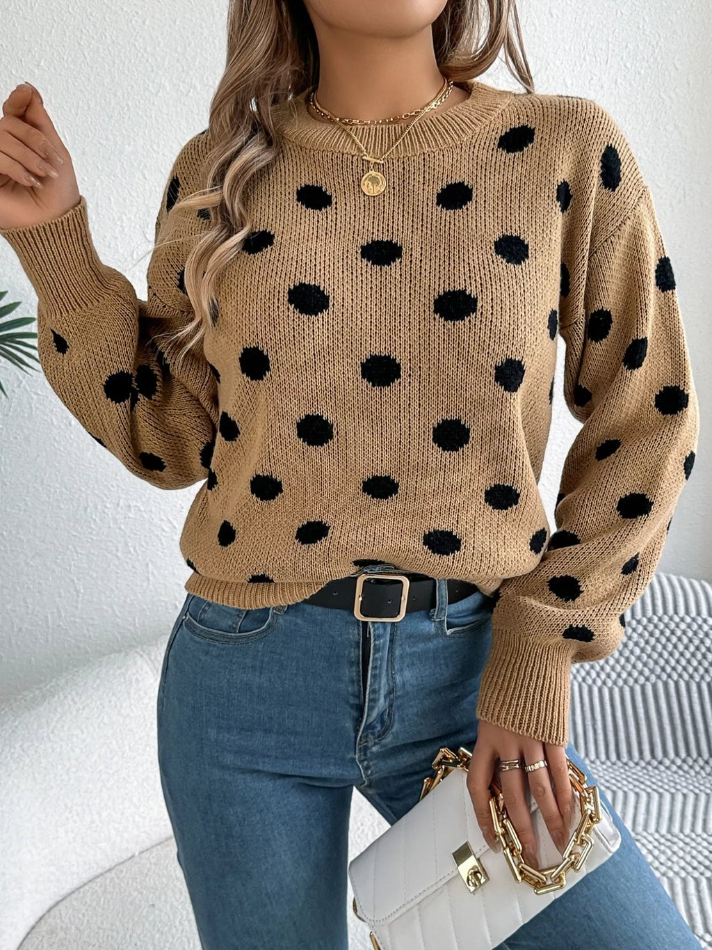 Sarah Express Women's Polka Dot Round Neck Sweater