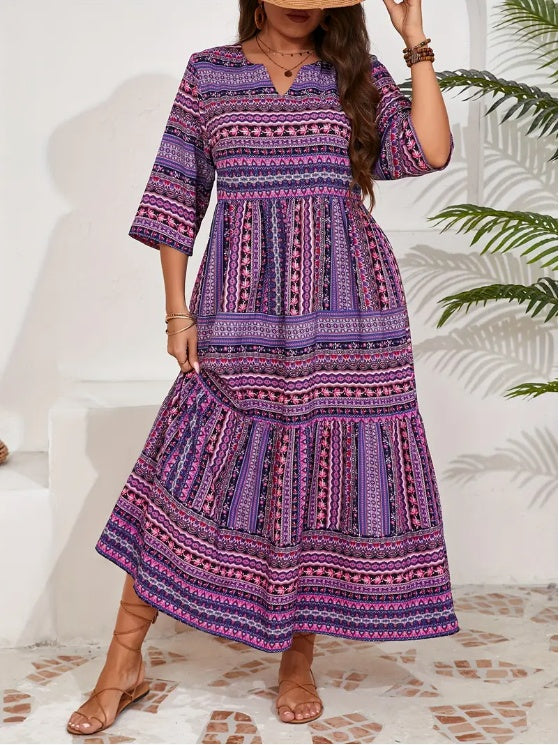 Women's Plus Size All Over Print Tiered Vacation Dress Notch Neck Short Sleeve