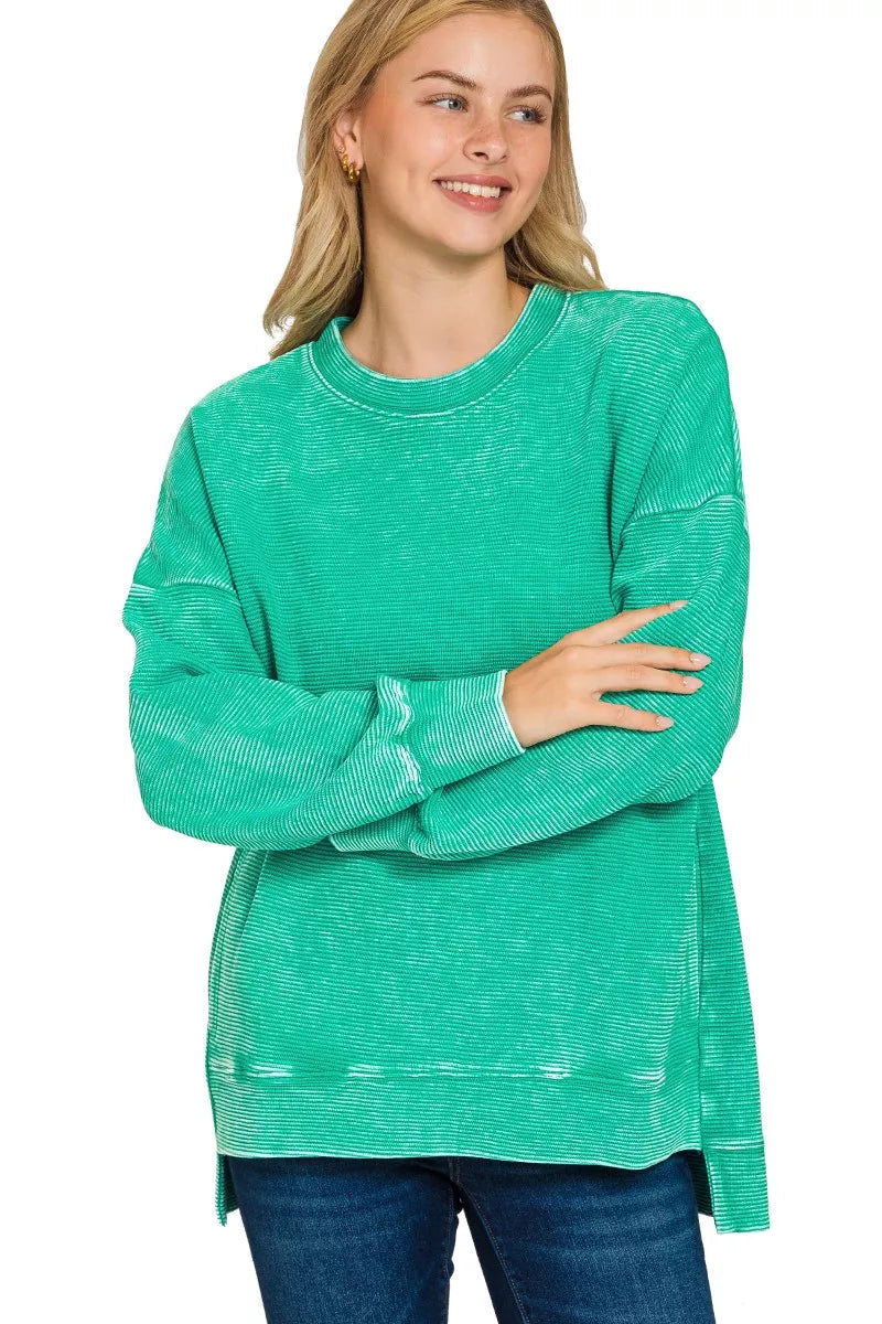 Sarah Express Women’s Plus Size Acid Wash Ribbed Sweatshirt with Hi-Low Hem