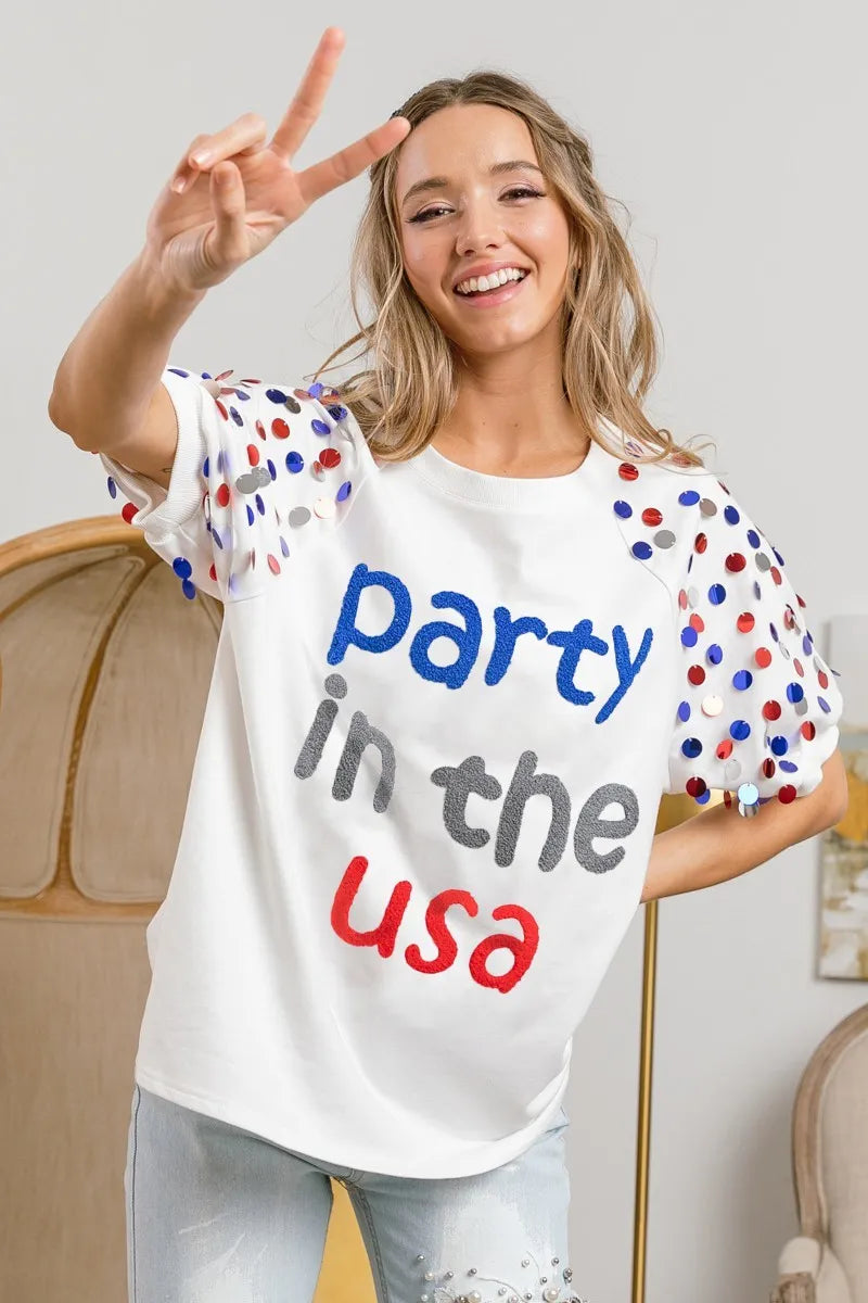 Sarah Express Women’s "Party In The USA" Spangle Puff Sleeve Top