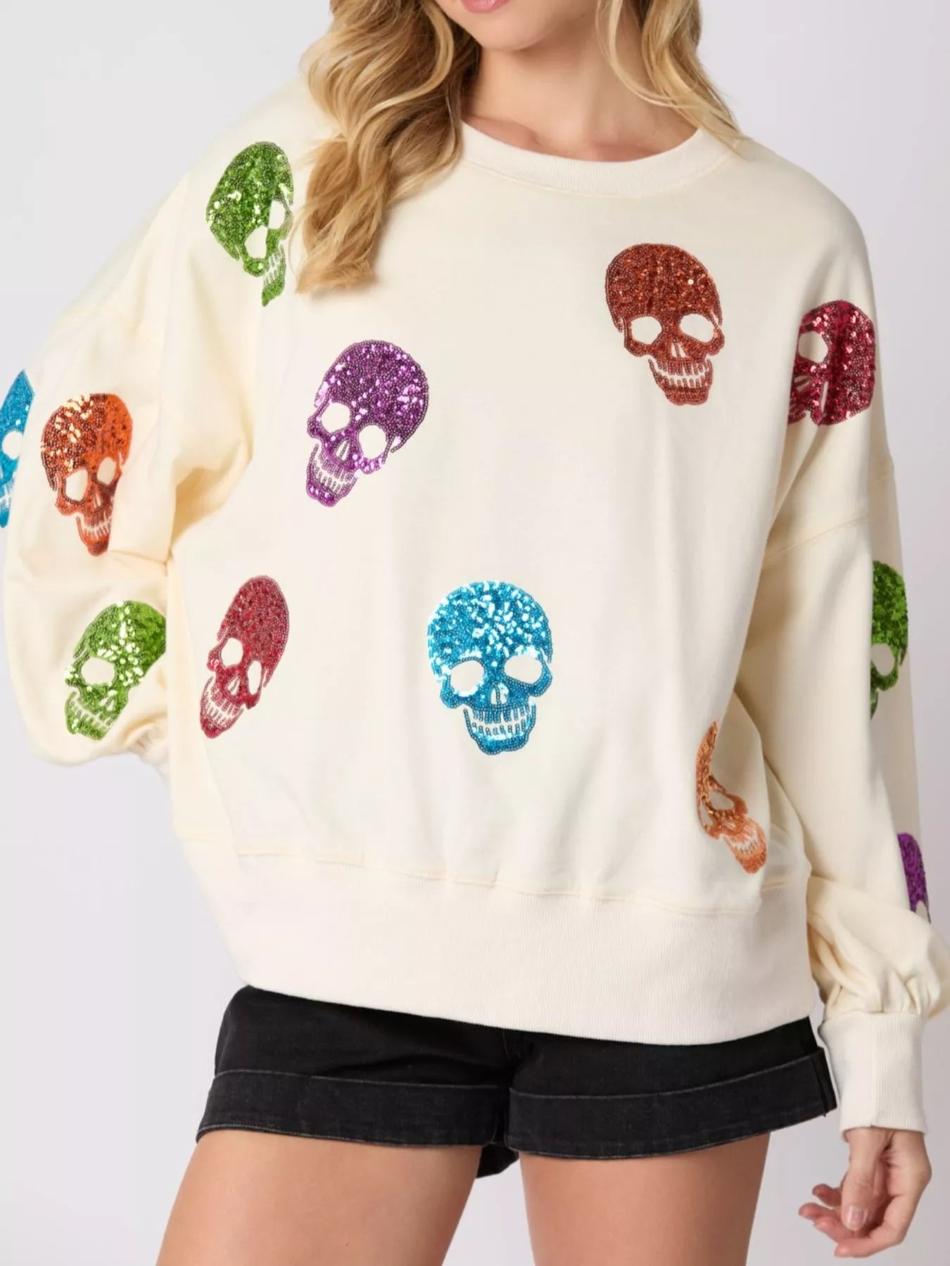 Sarah Express Women's Halloween Colorful Skull Sequin Oversized Sweatshirt