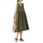 Women's Cotton Linen V-Neck Sleeveless Midi Dress Japanese Style Loose Fit Summer