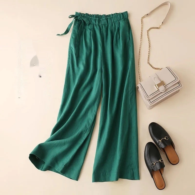 High Waist Lace-Up Cropped Pants Women's Elastic Waist Retro Cotton Casual Bottoms