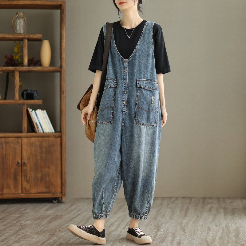 Women's Denim-Style Tank Top Jumpsuit - Summer Casual Cropped Ankle Length Sleeveless S-XL
