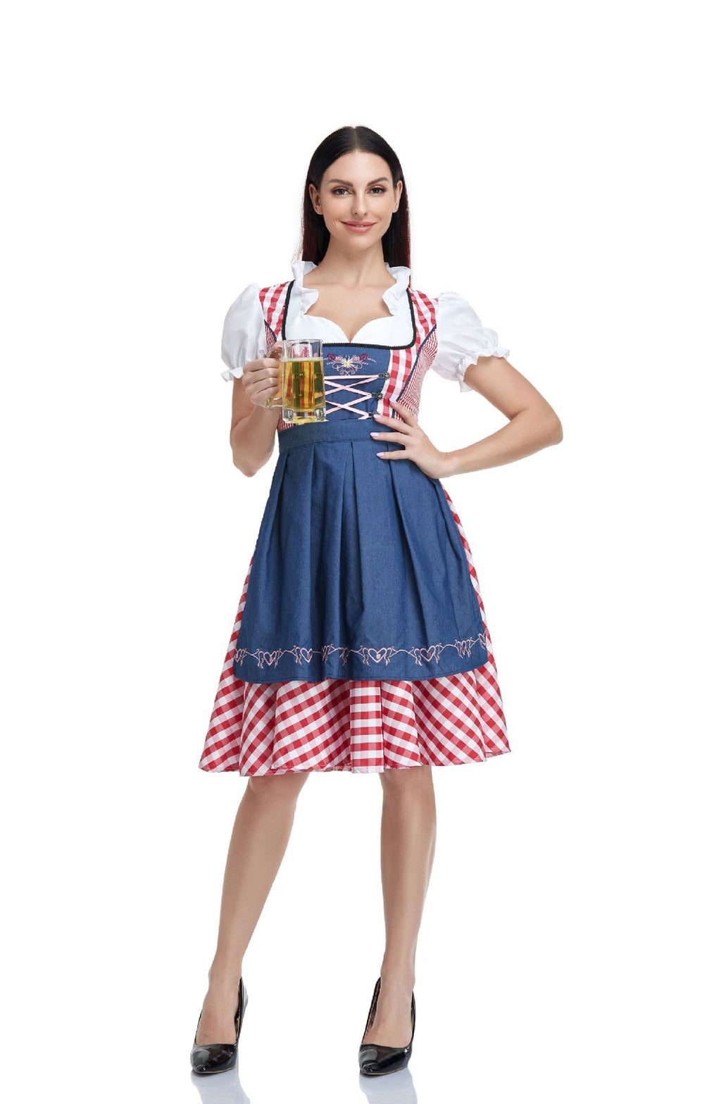 Women's Oktoberfest Dirndl Costume Bavarian Dress with Apron and Ribbon