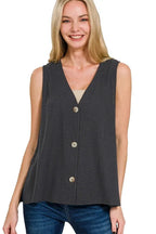 Sarah Express Women's Button-Front Vest - Linen Rayon Blend Side Slit for Casual & Work