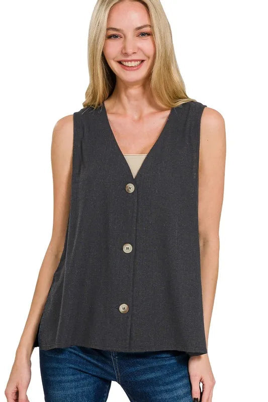Sarah Express Women's Button-Front Vest - Linen Rayon Blend Side Slit for Casual & Work