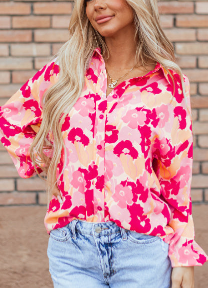 Women's Floral Print Puff Sleeve Button-Down Shirt Polyester Pink