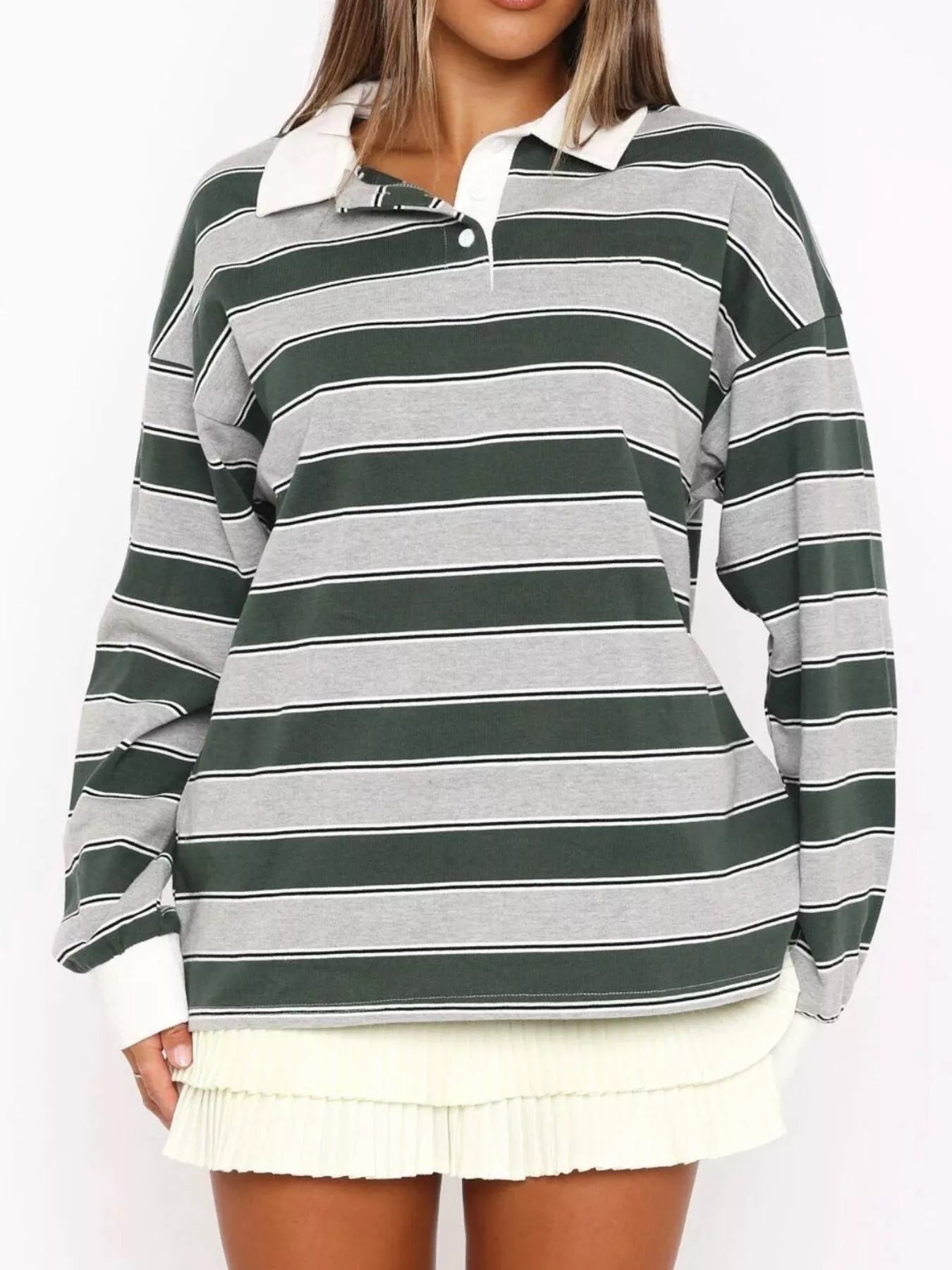 Sarah Express Women's Striped Button Detail Long Sleeve Polo Dark Green