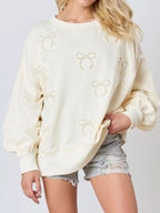 Sarah Express Women's Pearl Embellished Bow Long Sleeve Sweatshirt
