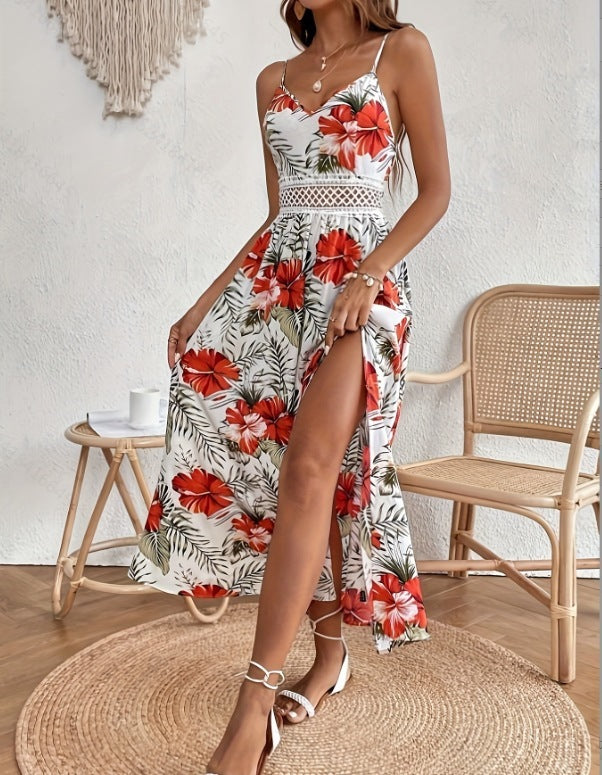 Women's Printed V Neck Midi Dress Lace Detail High Slit Sleeveless