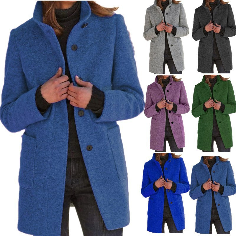 Women's Stand Collar Woolen Coat Button Front Outerwear
